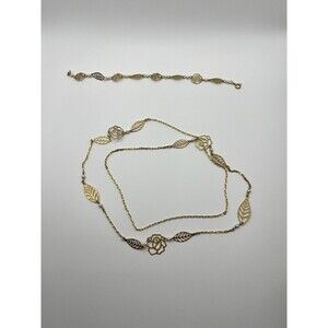 Rose Leaf + Pearl Gold Tone 32” Necklace And 7” bracelet SET‎